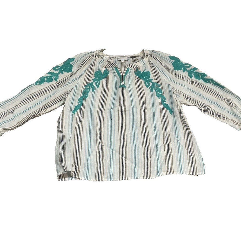 J. Jill Love Linen White Blue Striped Embroidered Boho Top Sz M Petite‎